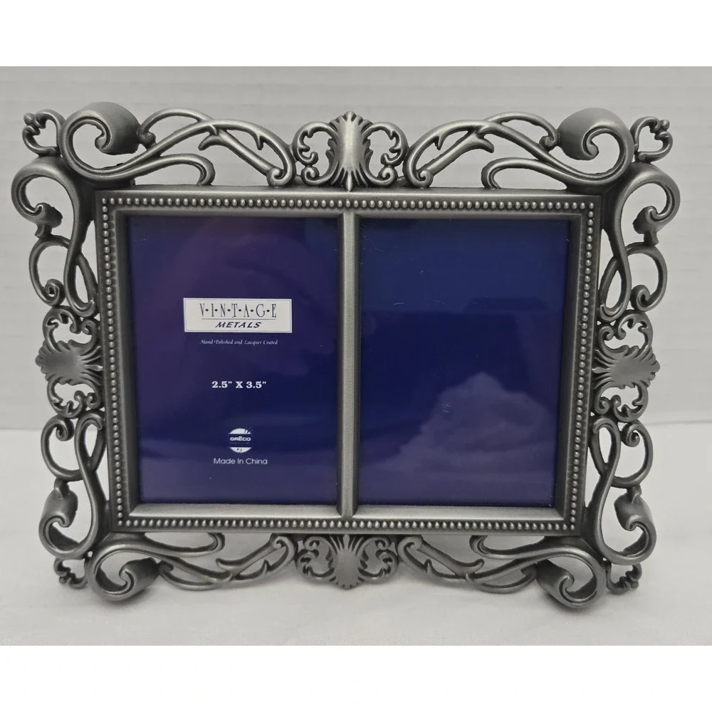 Orna Metals Antique-Style Ornate Pewter Double Photo Frame Scrollwork Design